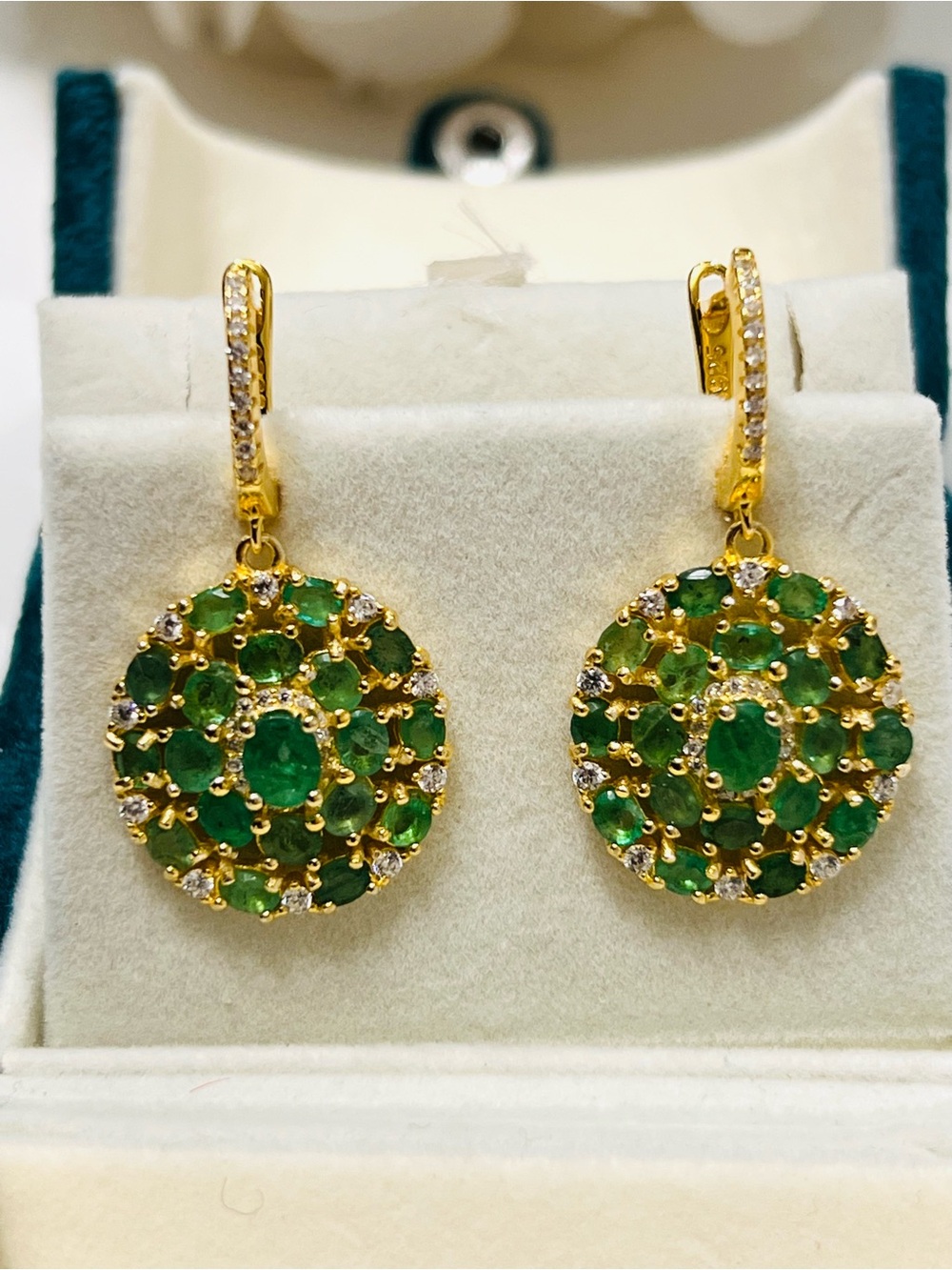 Appraised Genuine Emerald and genuine white Sapphire Penny design Earrings